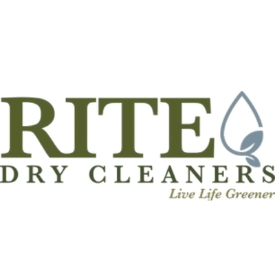 Logo for Rite Dry Cleaners featuring the business name in large letters and a stylized leaf symbol resembling a water droplet, with the slogan "Live Life Greener" below.