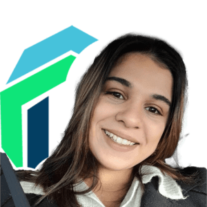 A woman wearing a seatbelt smiles at the camera, sitting in a car. There is a semi-transparent graphic with blue and green shapes in the background.