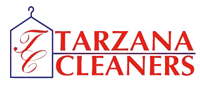 Logo for Tarzana Cleaners with the initials "TC" inside a hanger outline to the left, and the words "TARZANA CLEANERS" in red and blue text to the right.