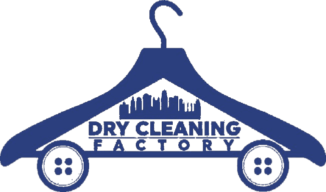 Blue logo of a clothes hanger with city skyline, text “DRY CLEANING FACTORY” below, and two buttons at the hanger’s ends.