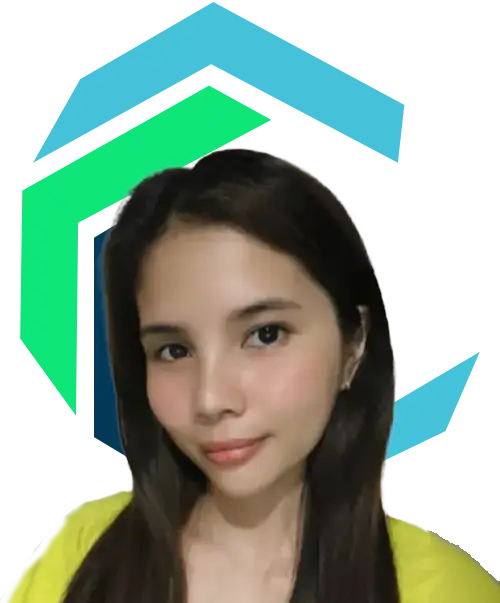 A young woman with long dark hair and a yellow top poses in front of a geometric blue and green background.