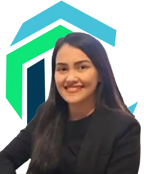 A woman with long dark hair wearing a black blazer smiles in front of a geometric blue and green background.