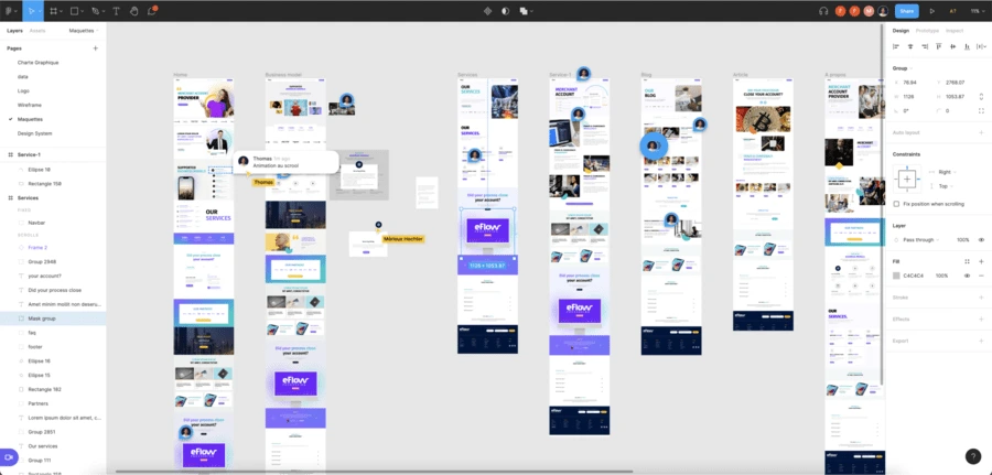 A computer screen displays a Figma design workspace with multiple website or app page mockups arranged in columns, and various design toolbars visible.