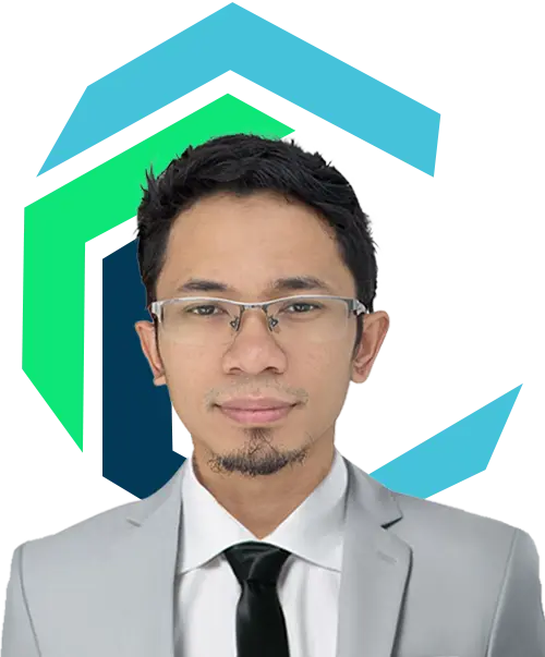 A man wearing glasses and a light gray suit with a black tie stands in front of a blue and green geometric background.