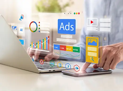 A person uses a laptop and smartphone, with digital marketing graphics including ads, charts, and media icons overlaying the scene.