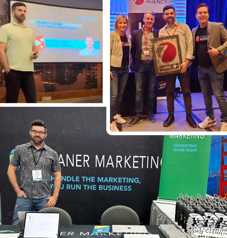 A man presents at a conference, poses with a group holding an award, and stands at a marketing booth with promotional materials.