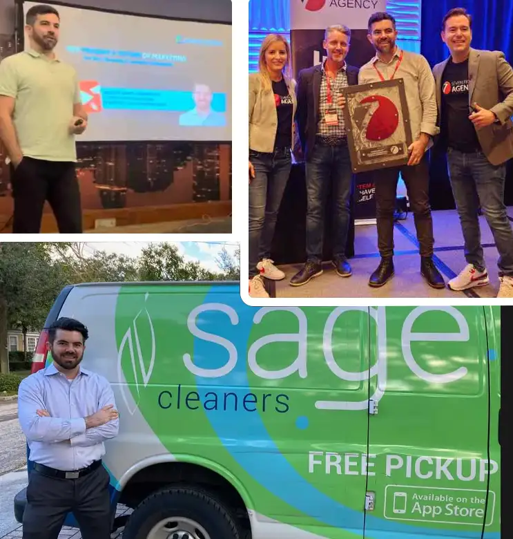 A man gives a presentation, poses with colleagues at an award event, and stands beside a green Sage Cleaners van.