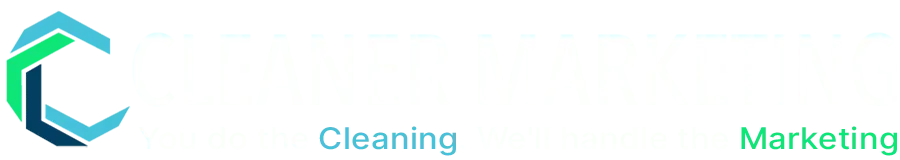 A circular logo with overlapping blue and teal shapes, followed by the words “Cleaning” and “Marketing” in blue and green text, respectively.