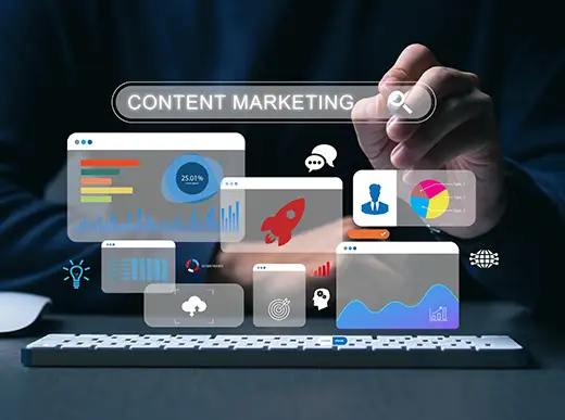 A person interacts with floating digital icons and charts above a keyboard, illustrating the concept of content marketing with data and analytics visuals.