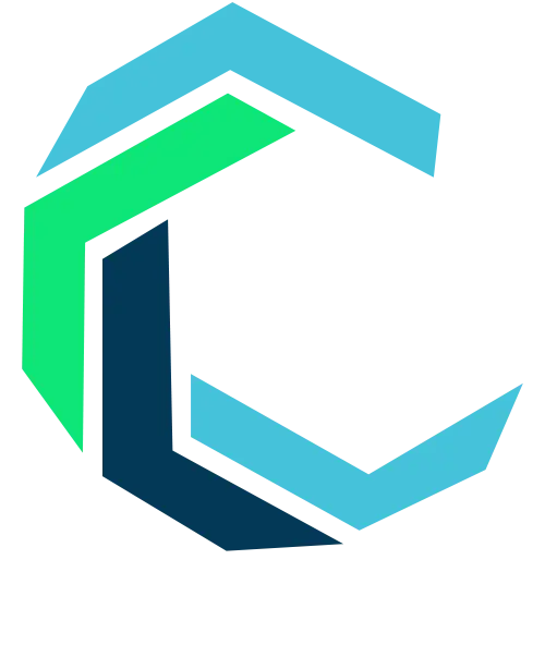 Abstract logo with three chevron-shaped arrows in green, dark blue, and light blue, arranged in a circular pattern on a white background.