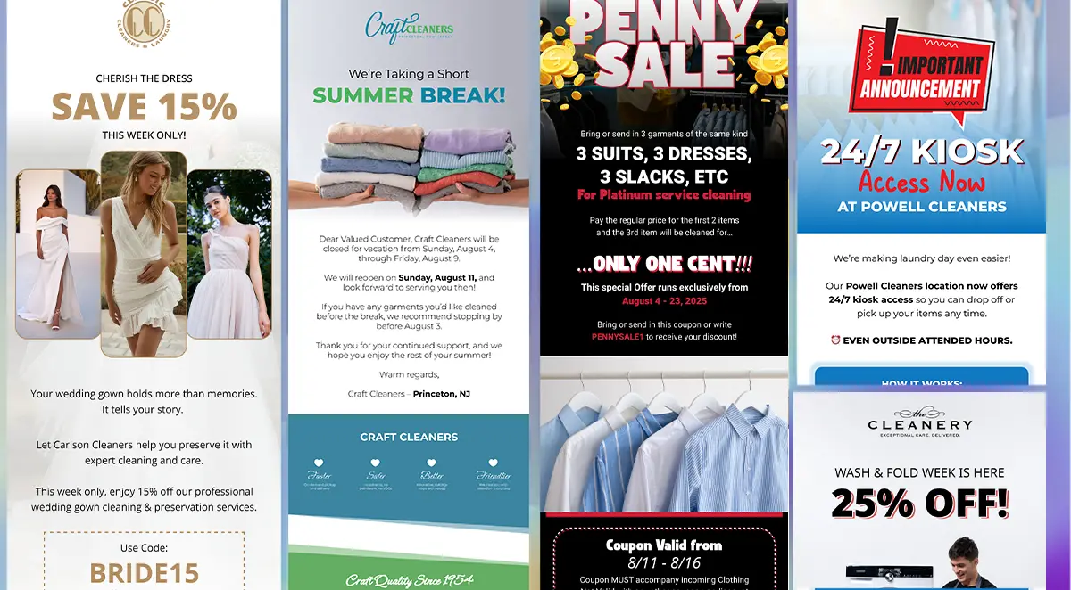 A collage of dry cleaner advertisements featuring discounts, sales, and special offers, including a summer break notice and a 24/7 kiosk announcement.