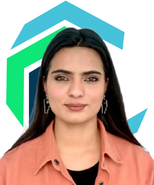 A woman with long dark hair wearing a salmon-colored button-up shirt and geometric earrings, in front of a graphic blue and green background.
