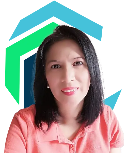 A woman with straight black hair wearing a coral collared shirt is smiling in front of a geometric blue and green background.