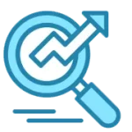 Blue magnifying glass with an upward arrow inside, symbolizing growth, progress, or analysis.