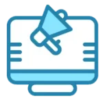 Icon of a computer monitor with a megaphone symbol, representing online marketing or digital advertising.