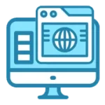 Blue icon of a computer monitor displaying a window with a globe symbol and sidebar, representing web design or internet browsing.