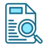 Icon of a document with lines of text and a magnifying glass placed over it, suggesting searching or reviewing information.