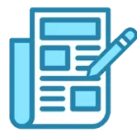 Icon of a stylized newspaper or document with boxes and lines, accompanied by a pencil, representing writing or editing content.