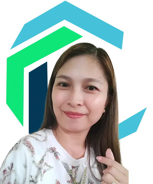 Woman with long brown hair and a floral top smiles at the camera, with blue and green geometric shapes in the background.