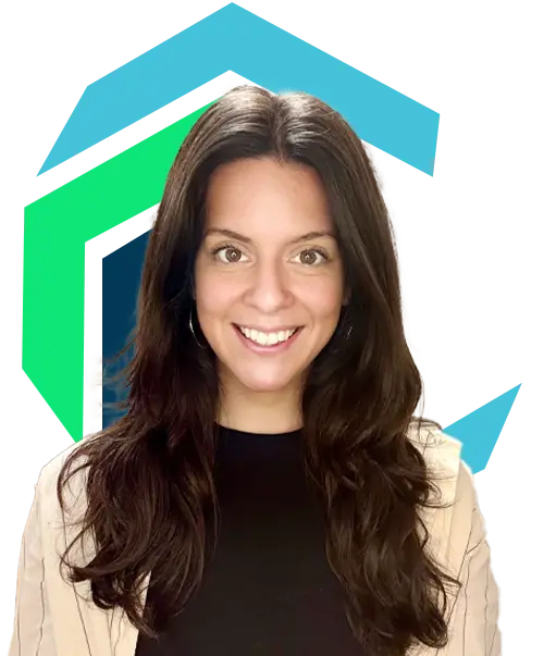 A woman with long brown hair and a beige blazer smiles at the camera, standing in front of a geometric blue and green graphic background.