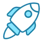 Simple blue and white line drawing of a rocket ship pointing upward, with fins and a circular window.