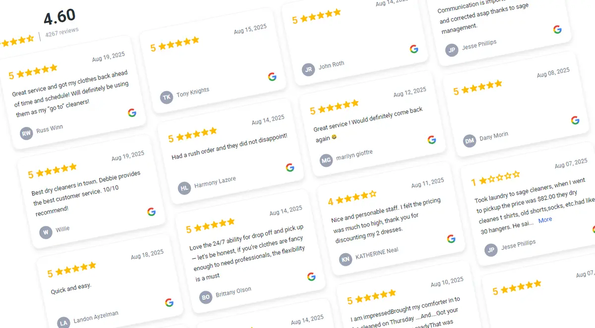 Screenshot showing multiple customer Google reviews, each with star ratings and brief positive comments, for a cleaning service. Overall rating displayed as 4.60 out of 5 stars.