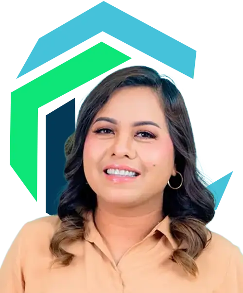 A woman with shoulder-length wavy hair and hoop earrings smiles in front of a geometric logo with green, blue, and dark blue shapes.