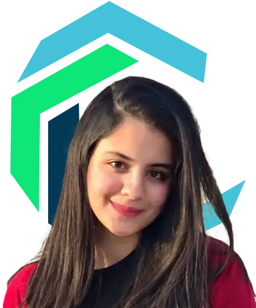 A young woman with long dark hair and a slight smile stands in front of a graphic background with geometric blue and green shapes.