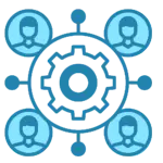 Icon showing four generic person symbols arranged in a circle around a central gear, representing teamwork or collaboration.