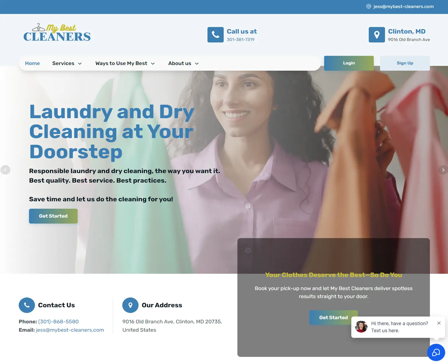 A woman holds colorful clothes on hangers in a dry cleaning shop. Website header shows “My Best Cleaners” with contact info and navigation menu. A chat window appears in the corner.