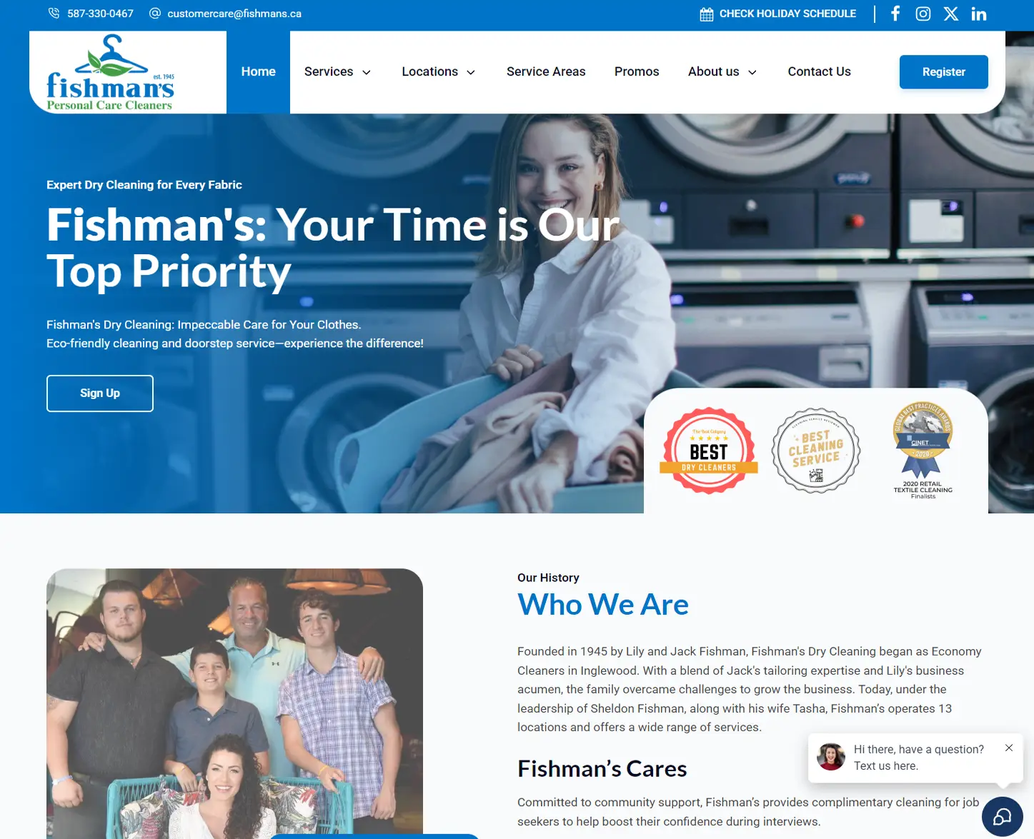 Screenshot of Fishman’s Dry Cleaning website featuring a woman holding laundry, company awards, contact info, and a section about the company’s history and values.