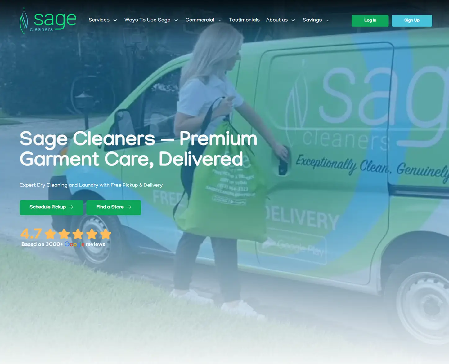 A woman loads a green laundry bag into a Sage Cleaners van with company branding and text promoting premium garment care and delivery.
