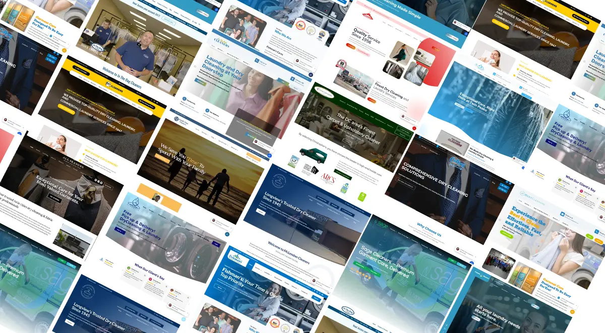 A collage of various website homepages, each featuring different layouts, colors, images, and branding, displayed at an angle in a grid pattern.