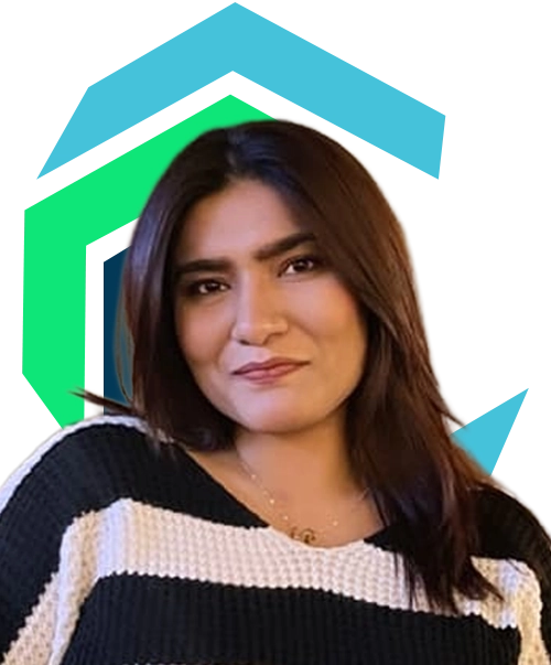 Woman with long dark hair wearing a black and white striped sweater, in front of a background featuring green and blue geometric shapes.