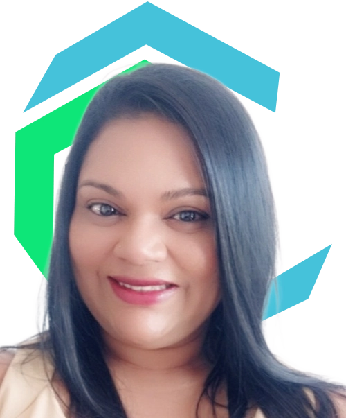 Woman with straight black hair smiling, in front of a green and blue geometric background.