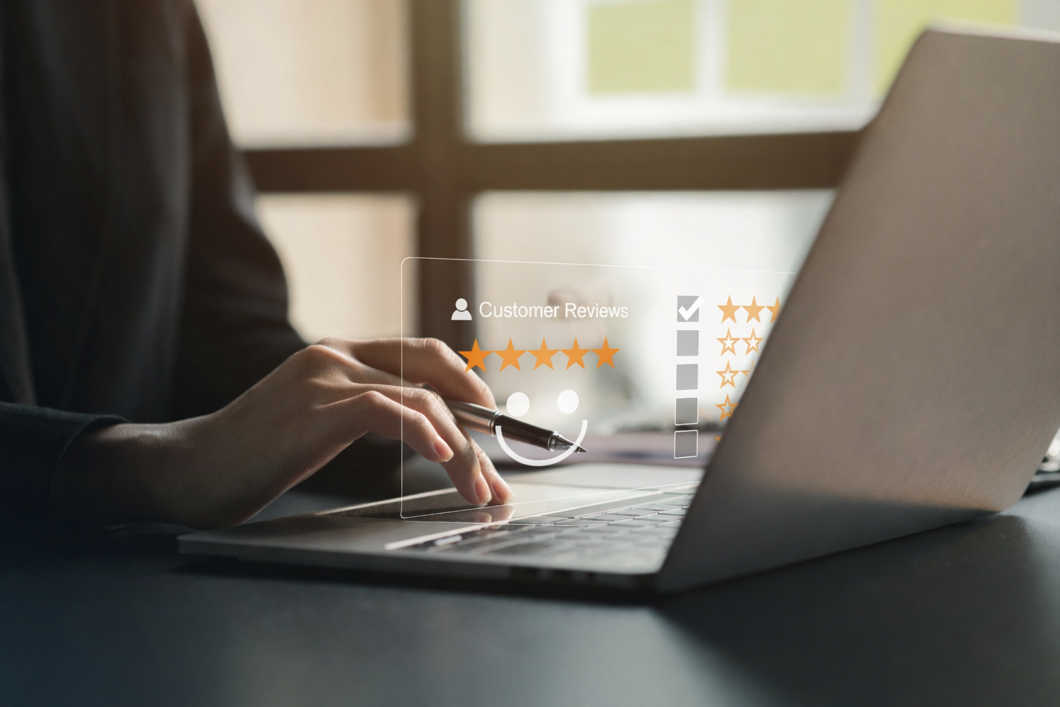 Person using a laptop with a digital overlay showing a five-star customer review and rating selection interface.