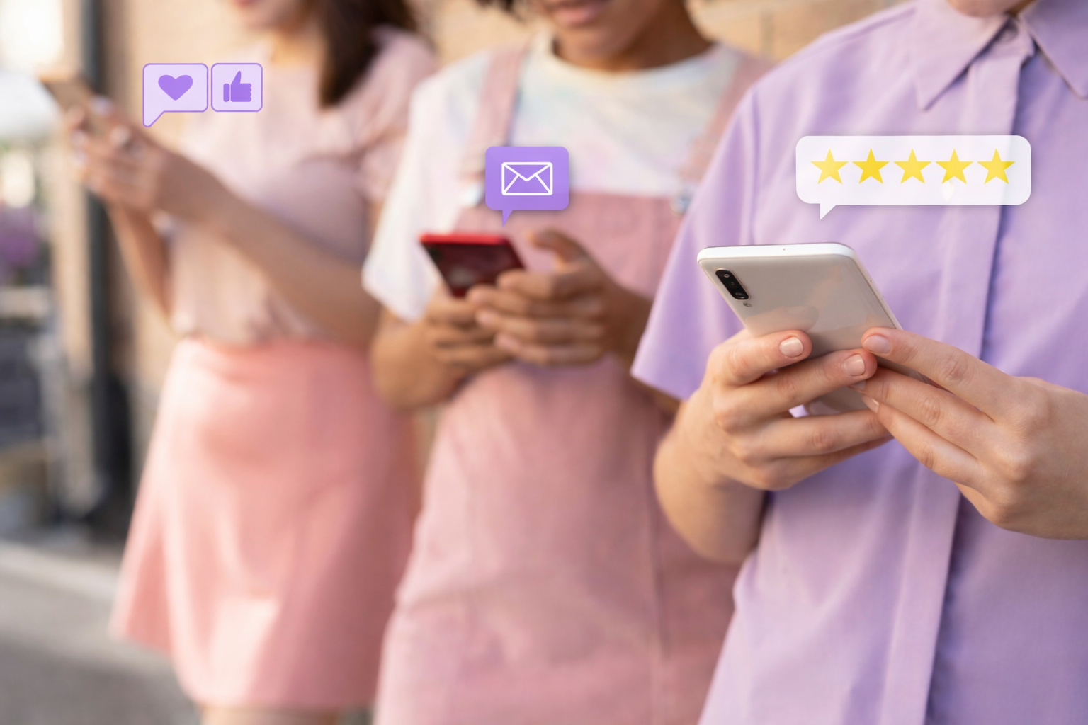Three people in pastel clothing use smartphones, with digital icons of likes, messages, and star ratings floating above their devices.