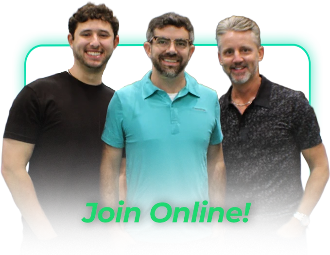 Three men standing and smiling in front of a green background with the text "Join Online!" displayed at the bottom.