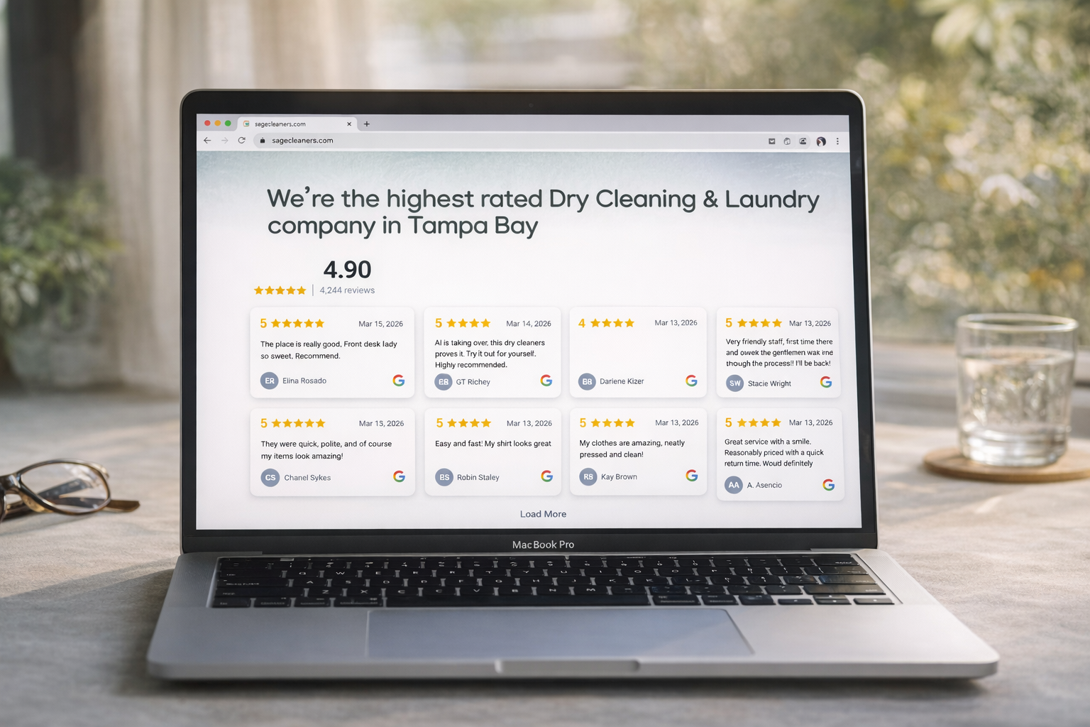 A laptop displays a website showing customer reviews and a 4.9-star rating for a dry cleaning and laundry company in Tampa Bay.