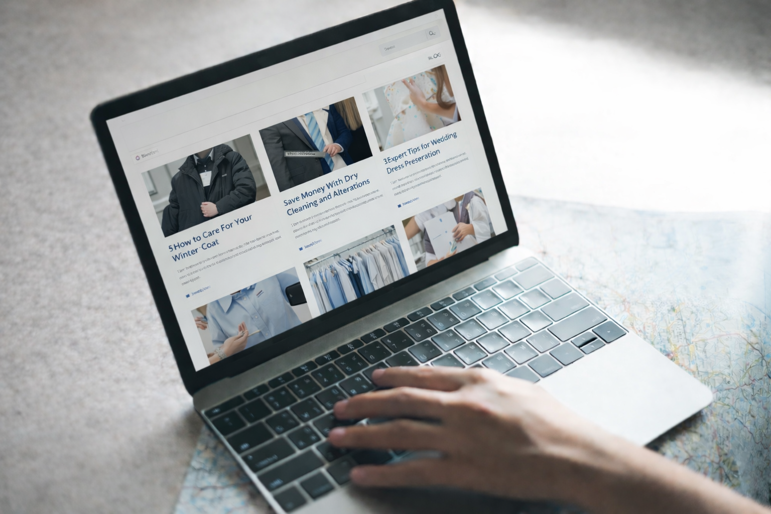 A person uses a laptop displaying cleaning and clothing care articles, including tips for winter coat care, saving money on dry cleaning, and washing dress shirts.