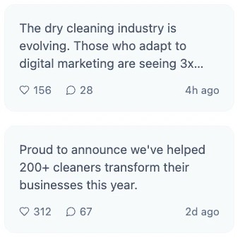 Two text posts discuss digital marketing in the dry cleaning industry, highlighting increased business and support for over 200 cleaners. Each post shows likes, comments, and posting time.