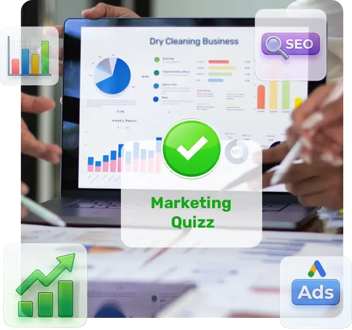 A person reviews marketing charts and graphs on a laptop, surrounded by icons for SEO, ads, and growth, with “Marketing Quizz” text in the center.