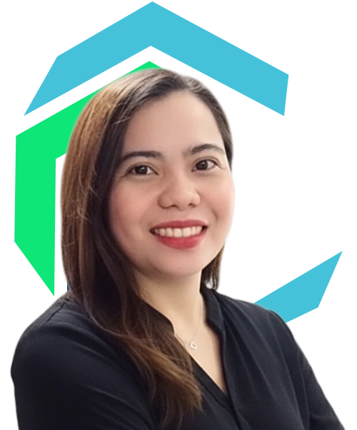 Woman with long brown hair wearing a black top, smiling, standing in front of a stylized blue and green geometric background.