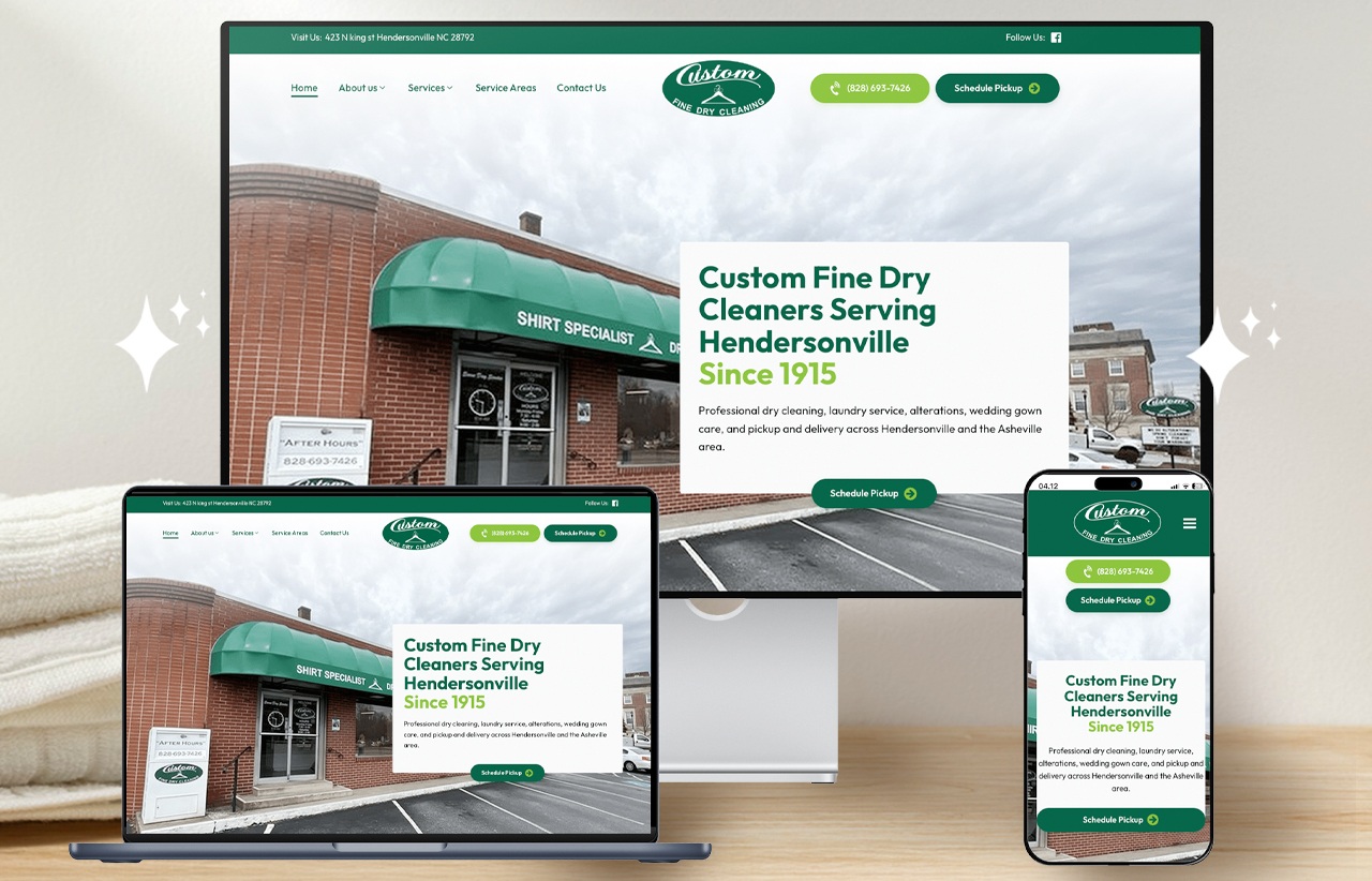 Screenshot displaying the Custom Fine Dry Cleaners website on desktop, laptop, tablet, and smartphone, showing a brick storefront with a green awning and service information.