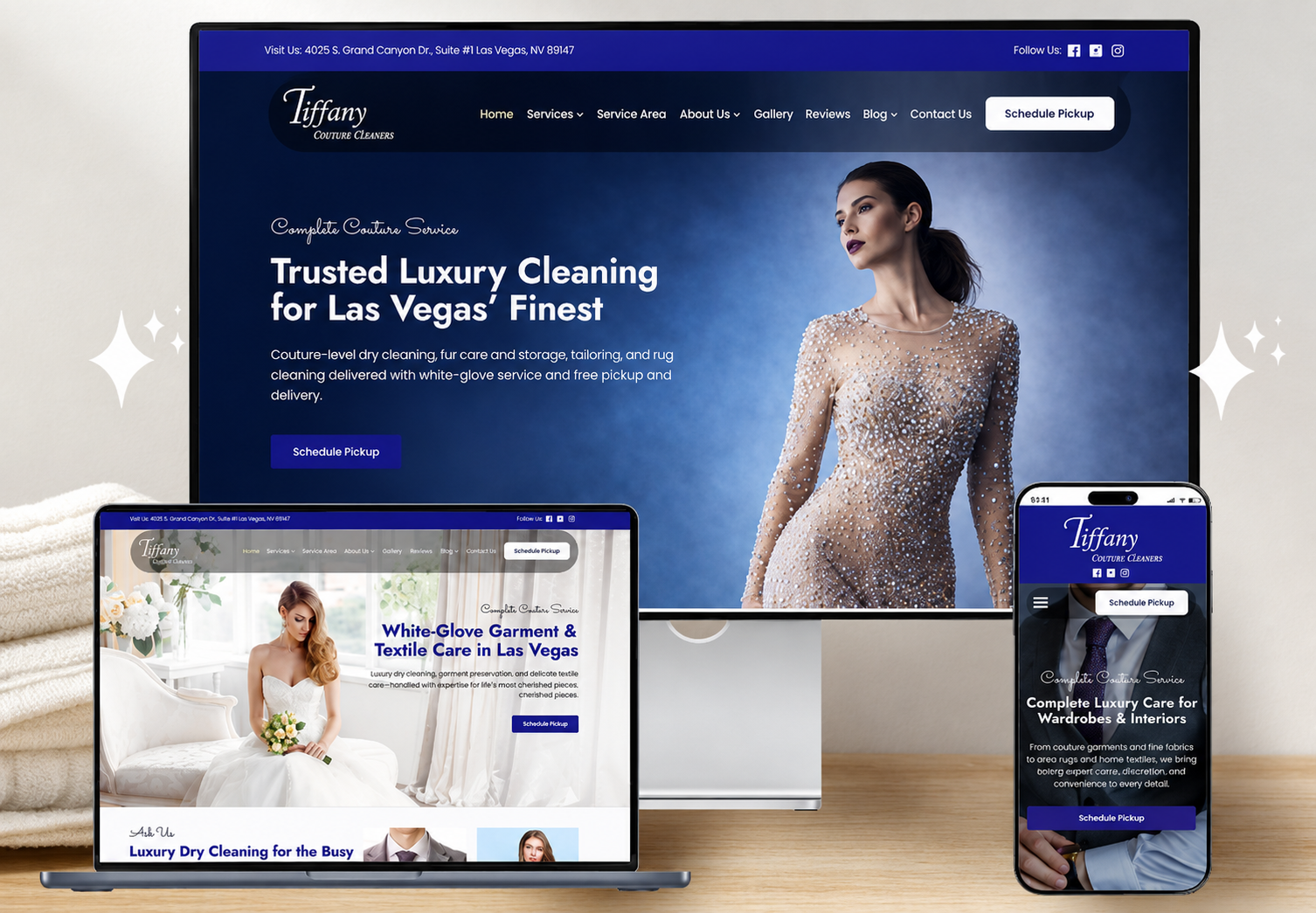 A desktop monitor, laptop, and smartphone display the homepage of Tiffany Couture Cleaners, highlighting luxury cleaning services and effective local SEO for dry cleaners with elegant blue and white branding.