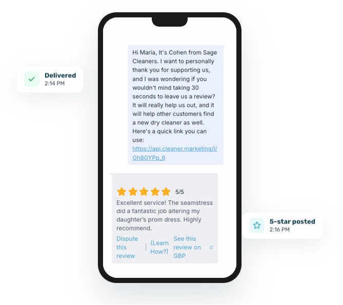 A smartphone screen shows a text message requesting a review, a 5-star customer review, and icons indicating message delivery and review posting times.