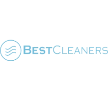 Light blue "Best Cleaners" logo with a circular icon featuring three wavy lines and a cross on the left side of the text.