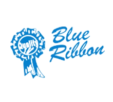 Blue ribbon illustration next to the words "Blue Ribbon" in blue stylized font on a transparent background.