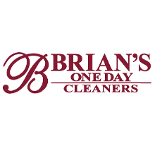 Logo for Brian&rsquo;s One Day Cleaners with maroon text and a large decorative "B" on a transparent background.
