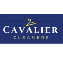 Cavalier Cleaners logo with a yellow clothes hanger above the word "Cavalier" on a blue background; "Cleaners" written below in yellow.